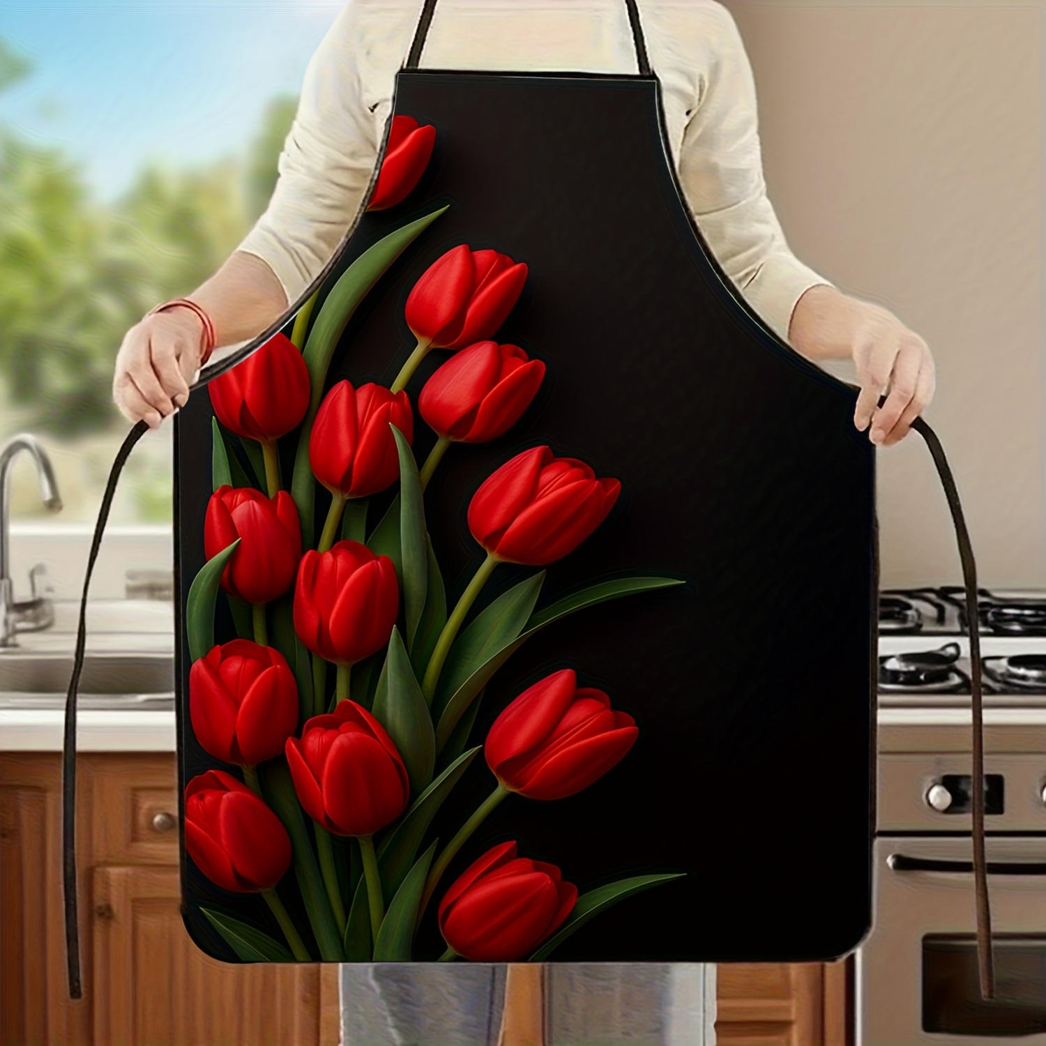1pc Red Tulip Flower Apron Bla – обзор и цена Kitchen Baking Background