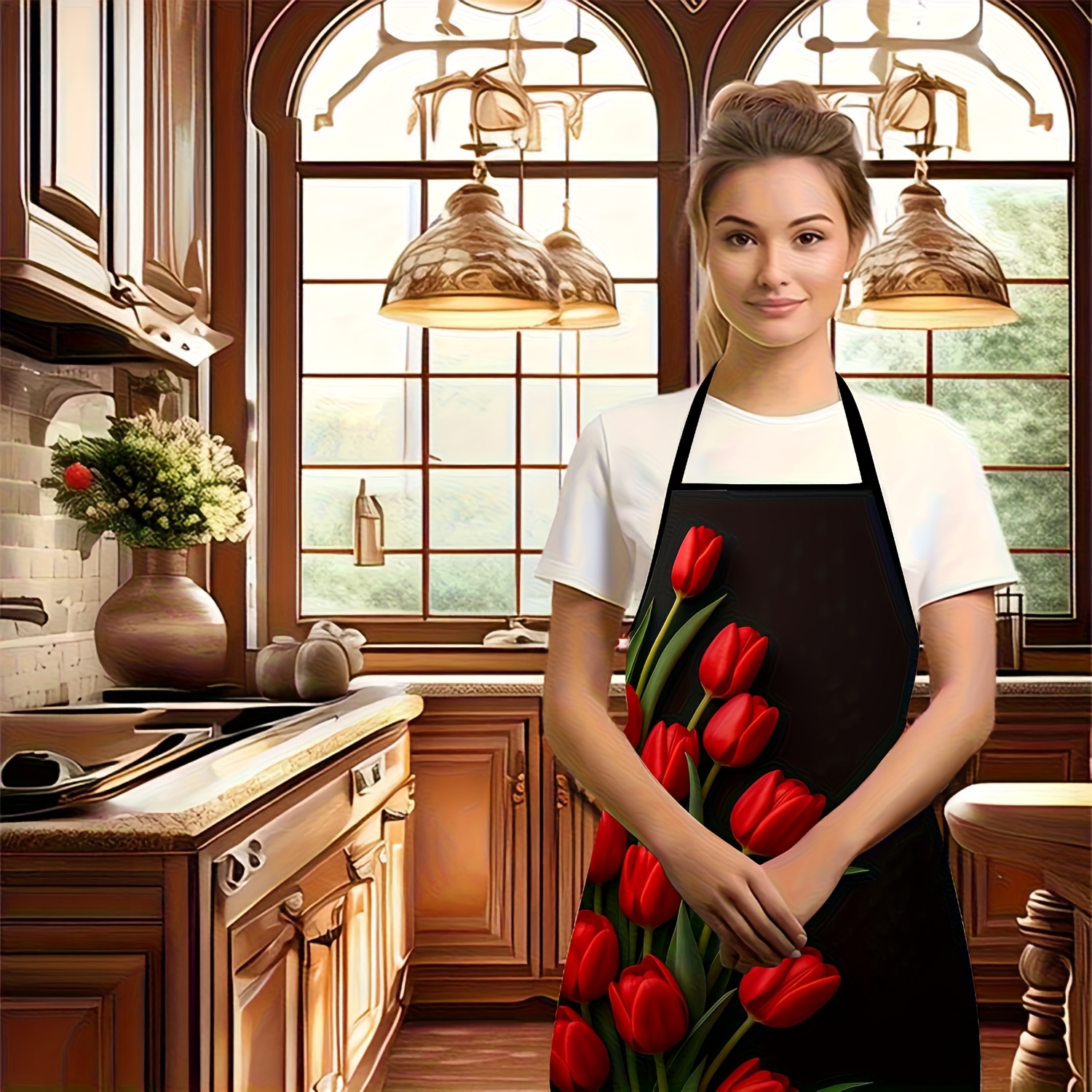 1pc Red Tulip Flower Apron Bla – обзор и цена Kitchen Baking Background