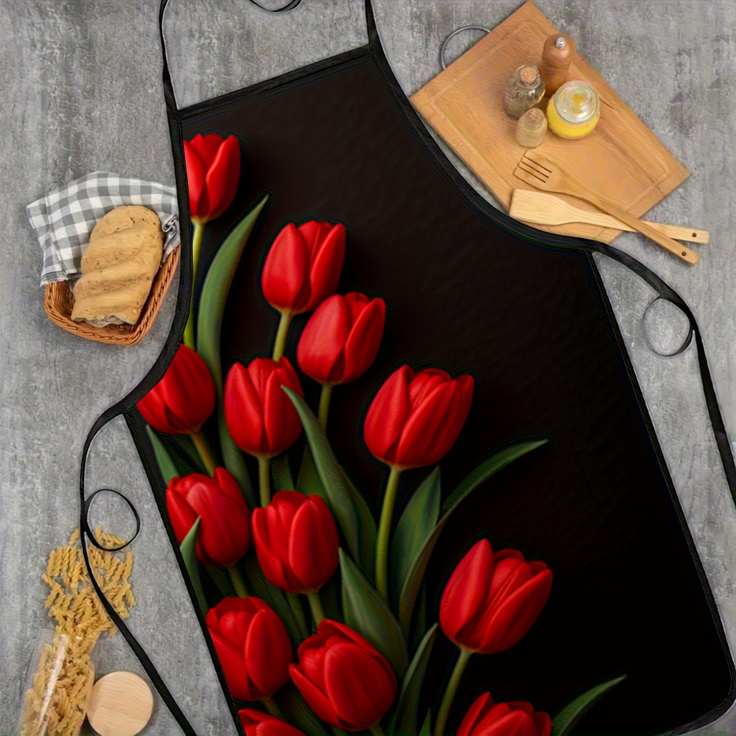 1pc Red Tulip Flower Apron Bla – обзор и цена Kitchen Baking Background